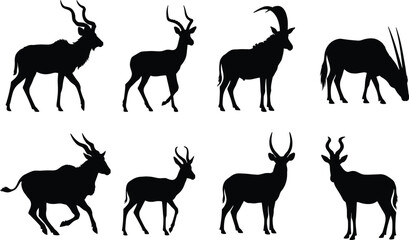 Elegant black antelope silhouette collection showcasing diverse horn shapes and animal postures for wildlife illustration © kamalesh