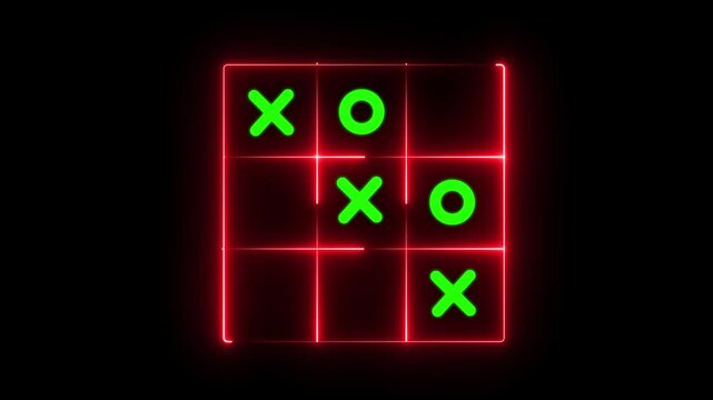 Glowing Neon Tic-Tac-Toe Grid Layout: Abstract Futuristic Green X and O Crosses Noughts Symbol, Cyberpunk Interface Logic Puzzle, and Creative Gaming Board Overlay Element for Video.