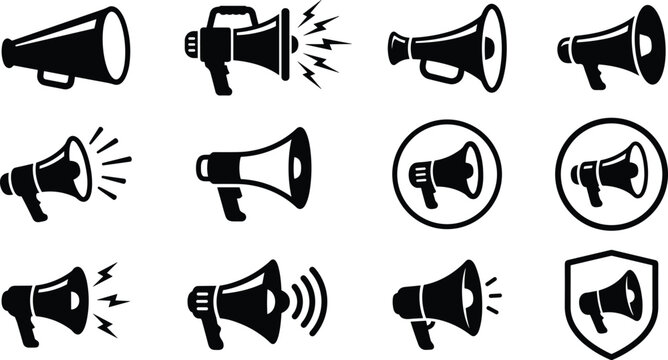 Megaphone loudspeaker alert broadcasting public announcement and marketing promotion solid glyph vector icon set