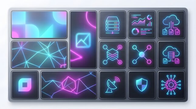 Neon digital interface with glowing grid data technology abstract visual for modern dashboard use