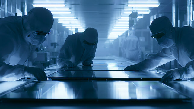 Engineers in cleanroom suits inspecting silicon wafers under bright factory lights (2)