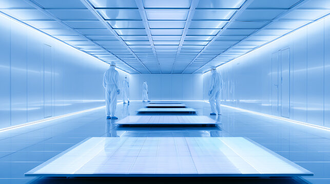 Engineers in cleanroom suits inspecting silicon wafers under bright factory lights (3)