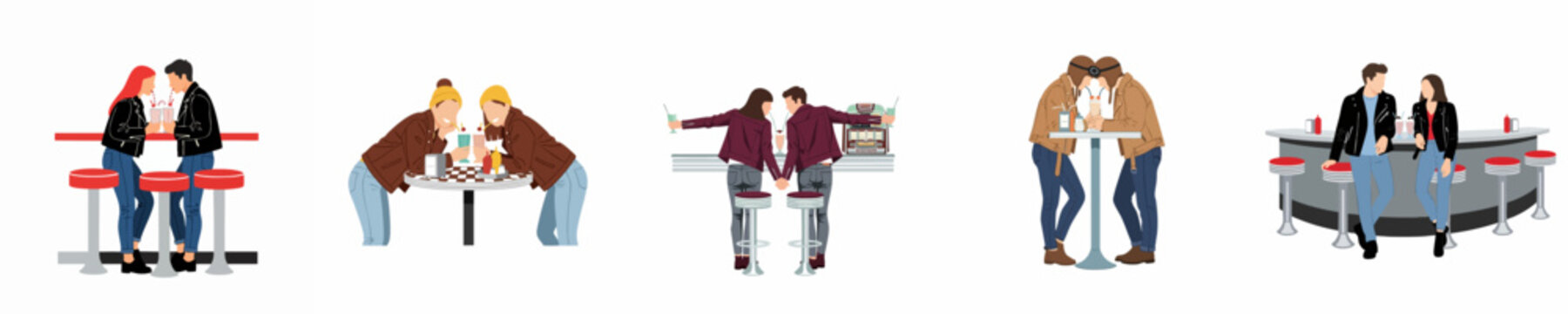 Set of flat vector illustrations depicting young couples in retro 1950s diner settings, sharing milkshakes and drinks in vintage leather jackets and fashion.
