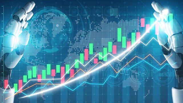 A futuristic digital scene depicting robot hands interacting with financial charts to symbolize advancements in technology and business growth. Copula