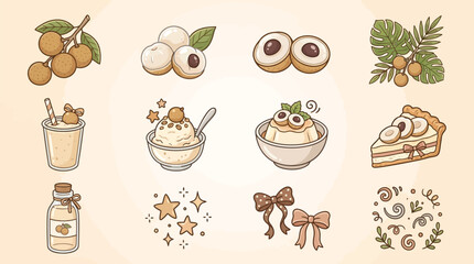 A charming collection of cute, hand-drawn illustrations featuring tropical fruits, desserts, and decorative elements, perfect for a whimsical theme.