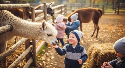 Fototapeta premium Child Feeding Llama at Farm with Family.