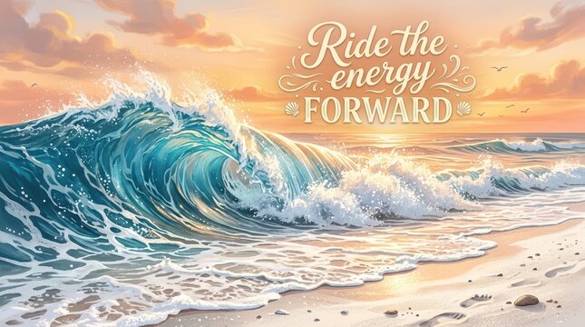 Majestic ocean wave crashing on sandy beach at sunset with inspirational text 'Ride the energy forward'