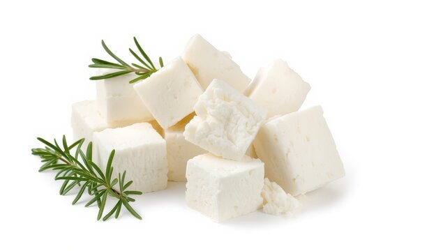 Isolated Greek Feta cheese on a white backdrop, accompanied by fresh rosemary.