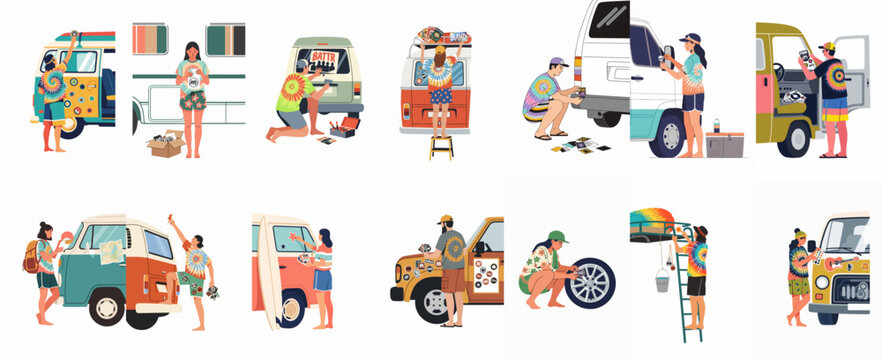 Set of flat illustrations featuring young people in tie-dye clothing decorating camper vans and vehicles with colorful stickers during road trips.