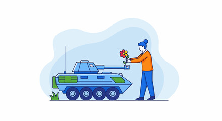 Naklejka premium Peaceful girl puts a flower in tank to stop war and ask for world love