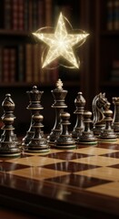 Fototapeta premium Chessboard with glowing star and vintage books background.