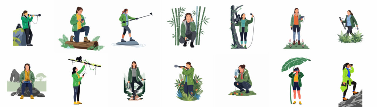 Flat vector illustrations of a female wildlife biologist and field researcher using various recording equipment and technology in diverse natural environments.