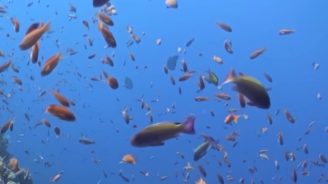 A spectacular aquatic ballet unfolds, as thousands of brilliant orange and silver fish gracefully glide through crystal-clear blue tropical waters.