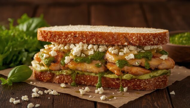 Meat, pesto, and goat cheese sandwich on wood.