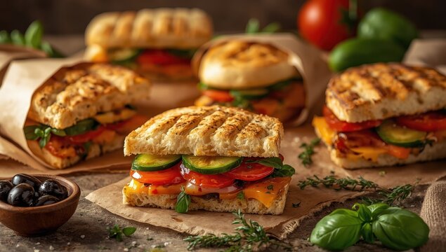 Mediterranean veggie sandwiches on toasted focaccia, wrapped in brown paper.