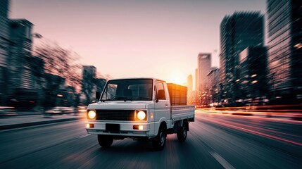Obraz premium photo of a small light cargo truck with a packaged of lined steel sheets in its back, with motion blur in the background, in the style of transportation services ad,