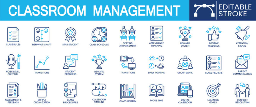 Set of 27 outline icons related to classroom management. Containing class rules, attendance tracking, seating arrangement, student progress, reward system and more. Linear icon collection. Editable
