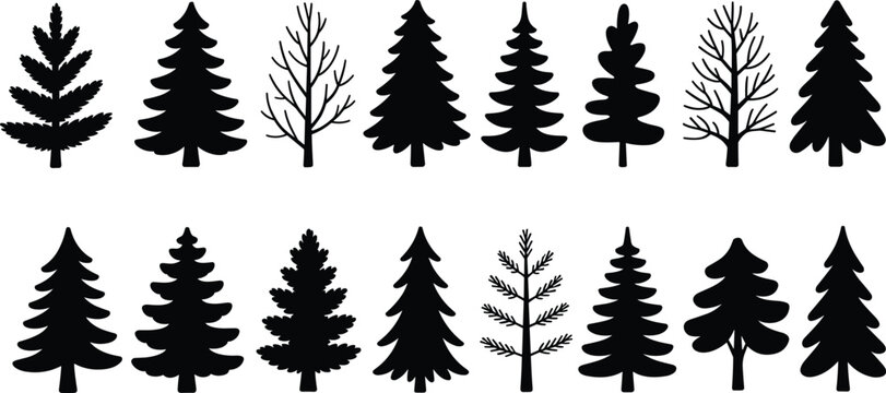 Conifer pine tree silhouette set for forest nature landscape design elements and outdoor wild woodland vector illustration isolated on white background