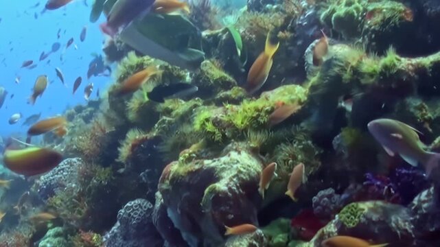 Observe a majestic green parrotfish gracefully grazing on vibrant coral formations amidst a kaleidoscope of smaller, colorful tropical fish in a sun-drenched underwater realm.