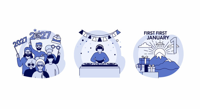 New year 2027 set of DJ fun party for first Jan sun hill box art
