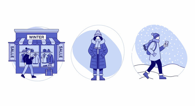 Winter sale shop man girl coat hat scarf snow walk cold and art set icon