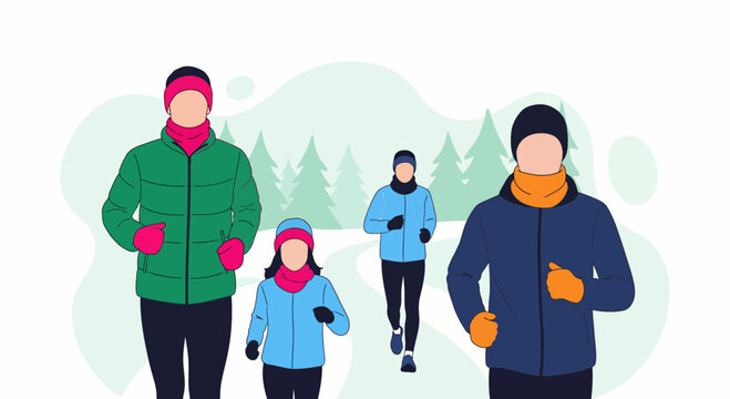 A boy a man a kid a girl run in cold ice on snow and ice