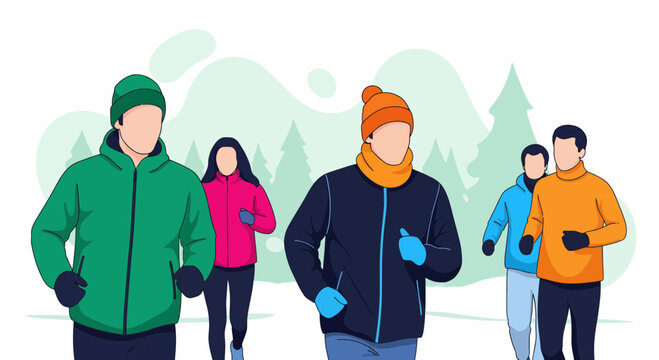 Fit men and women run in cold park snow day fast fun group jog out