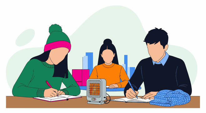Group people writing journals for winter mental wellness and indoor comfort during cold snowy season stay warm
