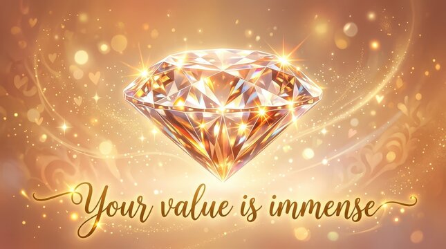 Sparkling Diamond with "Your value is immense" Text Over Golden Bokeh Background - Symbol of Wealth and Self-Worth