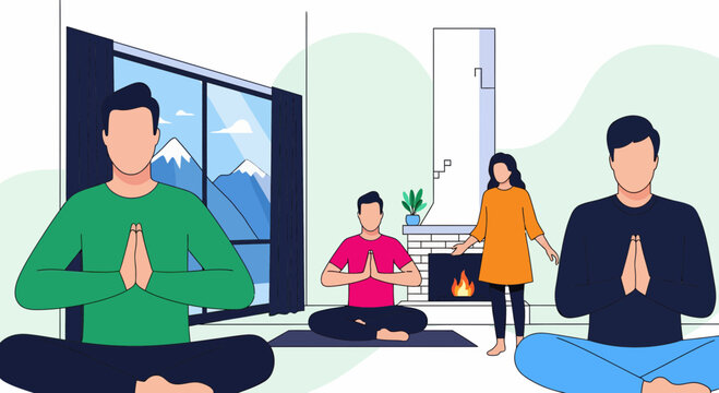 People group yoga zen home room cold snow hill fire warm rest life sun air