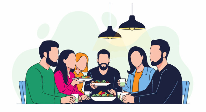 A group of friends sit eat talk and share a meal with each other now