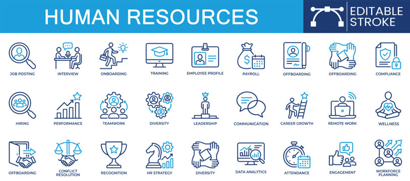 Set of 27 outline icons related to human resources. Containing job posting, onboarding, payroll, employee profile, workforce planning and more. Linear icon collection. Editable stroke. Vector