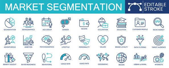Set of 27 outline icons related to market segmentation. Containing demographics, customer profile, target audience, geographic region, buyer readiness and more. Linear icon collection. Editable stroke © ToufikGlyph