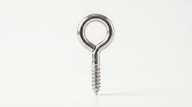 One metal screw hook on a white surface.