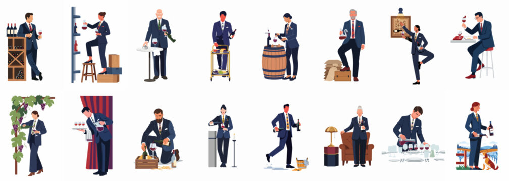 Collection of Professional Sommeliers and Wine Experts in Various Service and Production Scenarios, Flat Vector Illustration