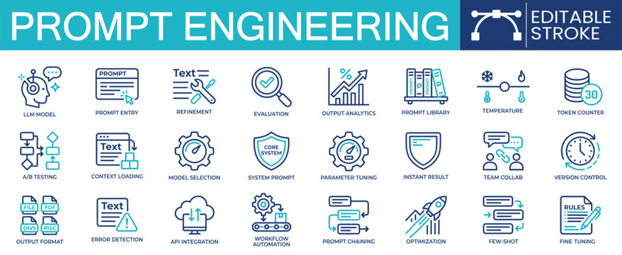 Set of 27 outline icons related to prompt engineering. Containing prompt entry, model selection, parameter tuning, prompt chaining, fine tuning and more. Linear icon collection. Editable stroke