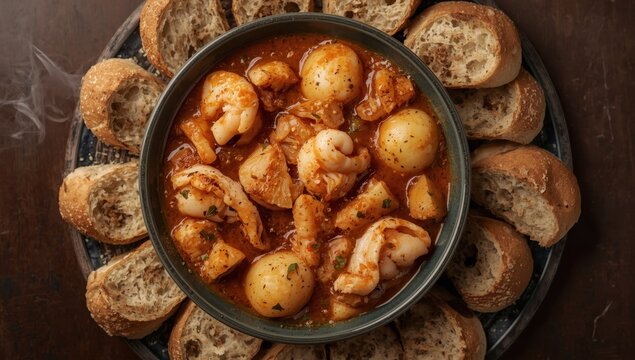 Overhead shot of cuttlefish stew with potatoes and bread.