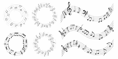 musical notes on staffs in black and white line art music notation clef quavers semiquavers graphic vector illustration pattern design © RanjanKumar