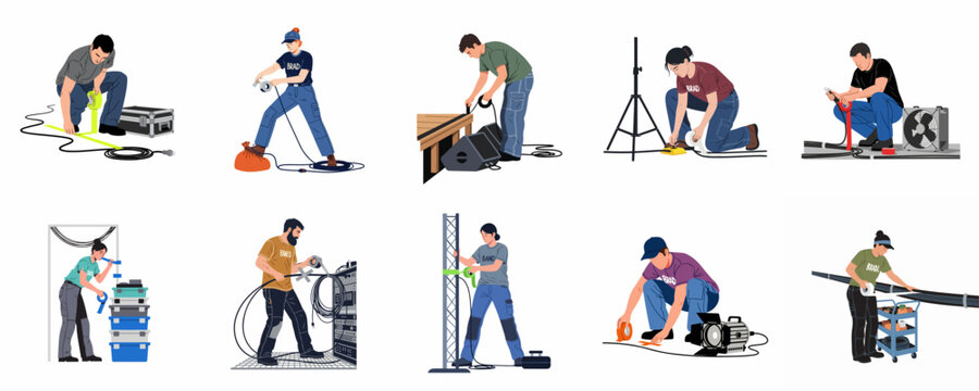 Set of diverse stagehands and event technicians setting up professional sound, lighting, and cable systems using gaffer tape for production.