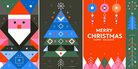 modern geometric christmas posters with abstract shapes and festive colors santa claus tree ornaments vector illustration holiday greeting card design © RanjanKumar