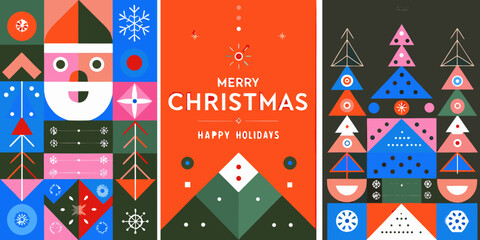 modern geometric christmas posters with abstract shapes and festive colors triangle patterns snowflakes santa claus holiday greetings vector art flat © RanjanKumar