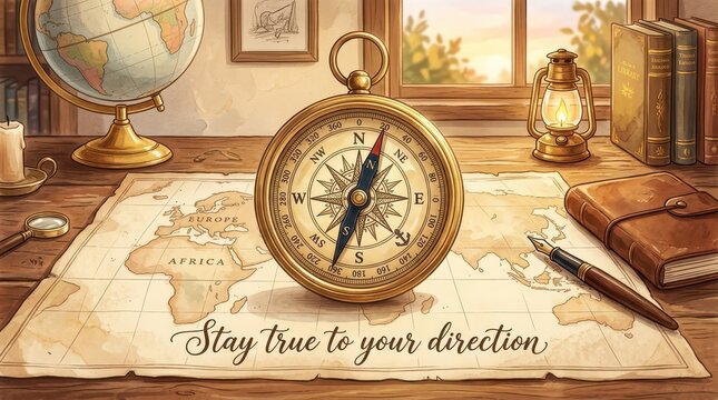 Vintage compass and globe on old map with leather journal and lantern, symbolizing adventure and exploration