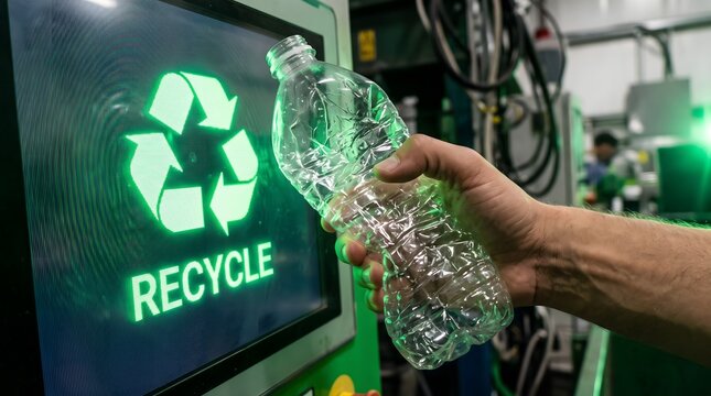 Worker holding crushed clear plastic bottle near automated recycling machine screen displaying green symbol representing eco.
