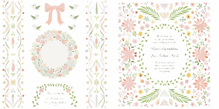 soft pastel floral invitation cards with watercolor wreaths and borders flowers leaves birds bows illustration pattern design greeting celebration romantic