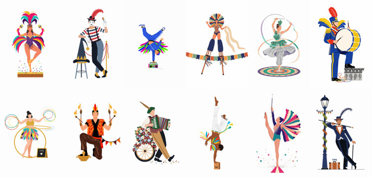 Diverse Set of Colorful Street Performers and Carnival Characters Featuring Dancers, Musicians, and Circus Artists in Flat Vector Illustration Style