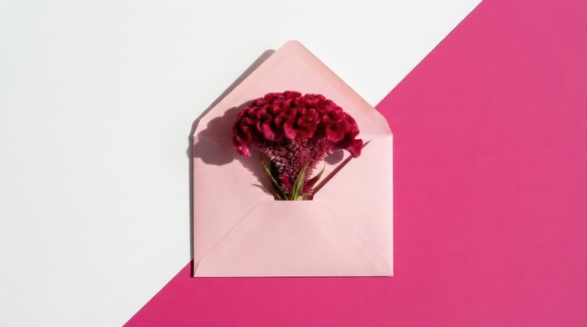 Deep red celosia flower inside a pink envelope