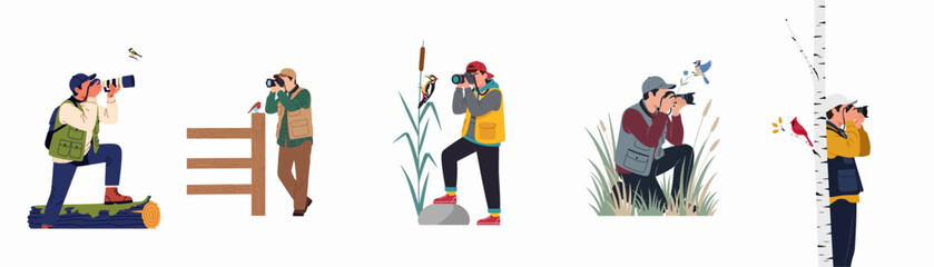 Flat illustration of diverse bird photographers capturing images of various birds in nature settings like forests, fields, and wetlands. © Andres