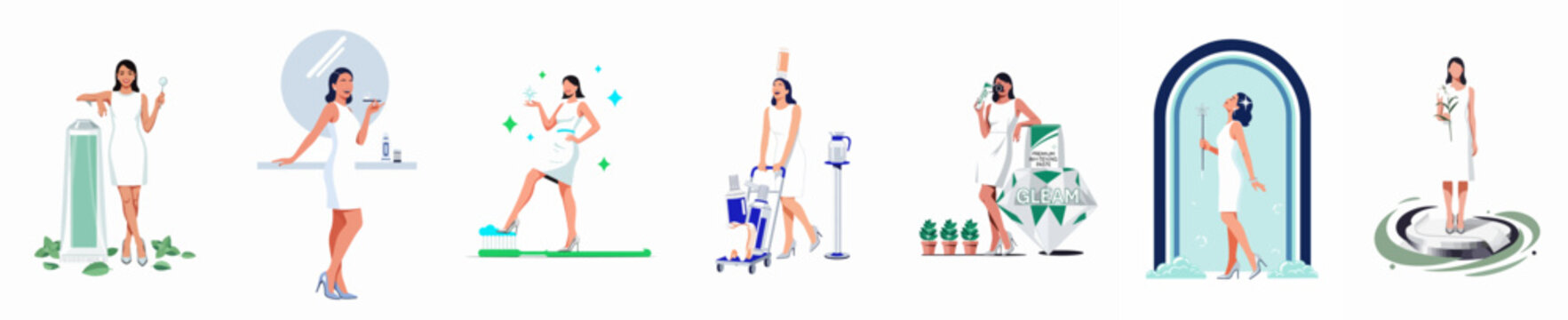 Set of flat vector illustrations showcasing a woman promoting dental care, teeth whitening products, and oral hygiene with a modern, clean aesthetic.