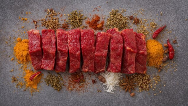 Raw mutton chunks for biryani with spices on a gray stone surface.
