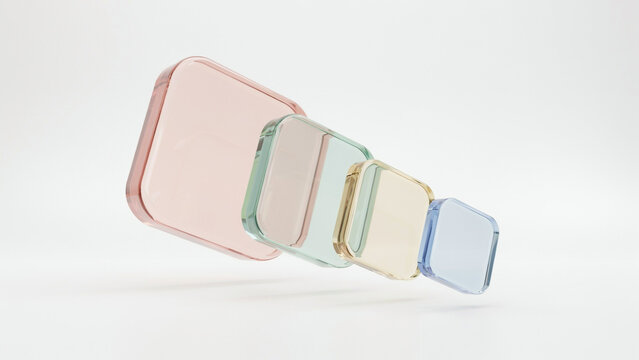 Four translucent rounded square shapes in pastel colors arranged in a descending diagonal line